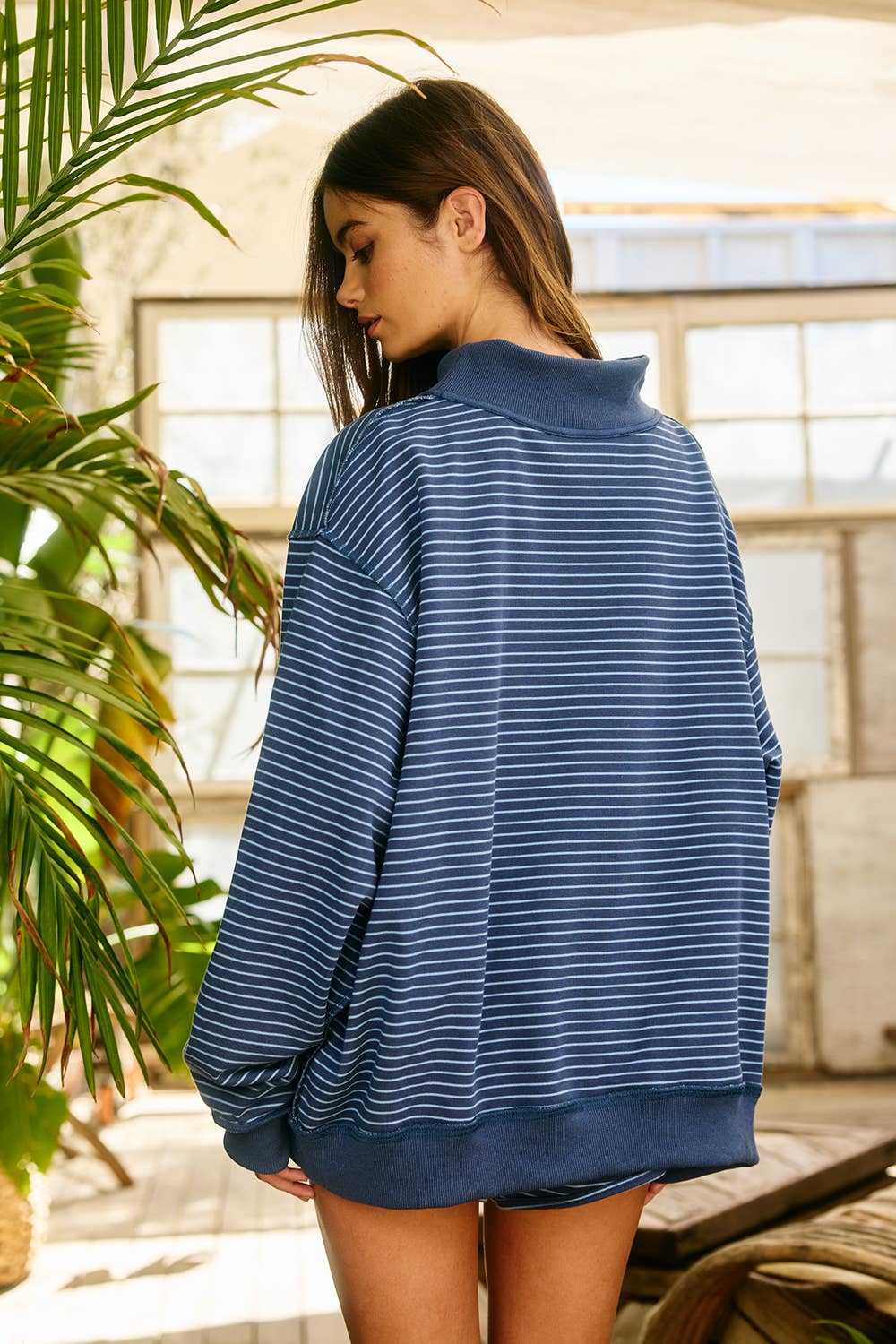 Stripe Print Mock Neck Oversized Sweatshirt