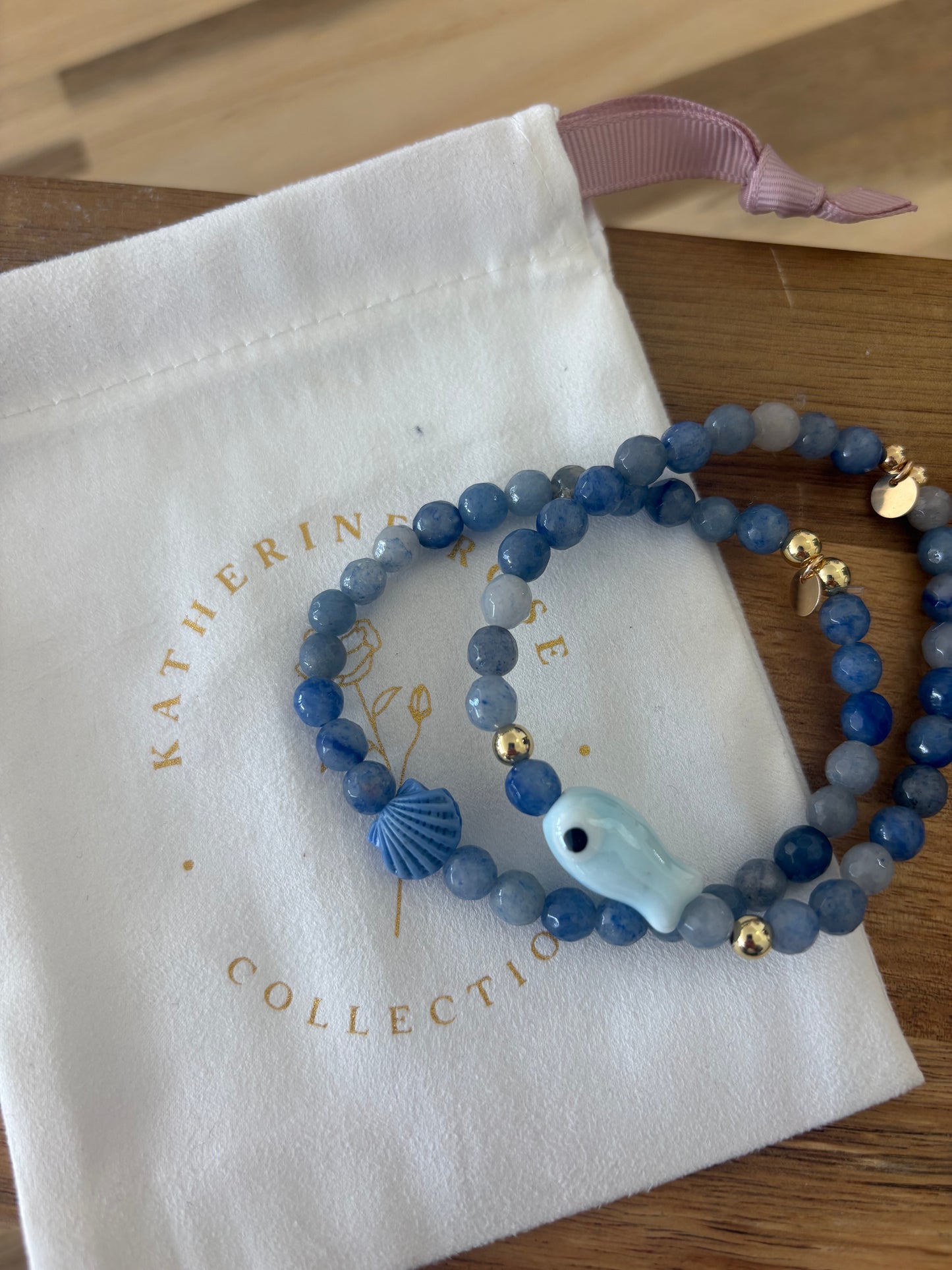 Blue Fish and Shell Stone Bracelet Set