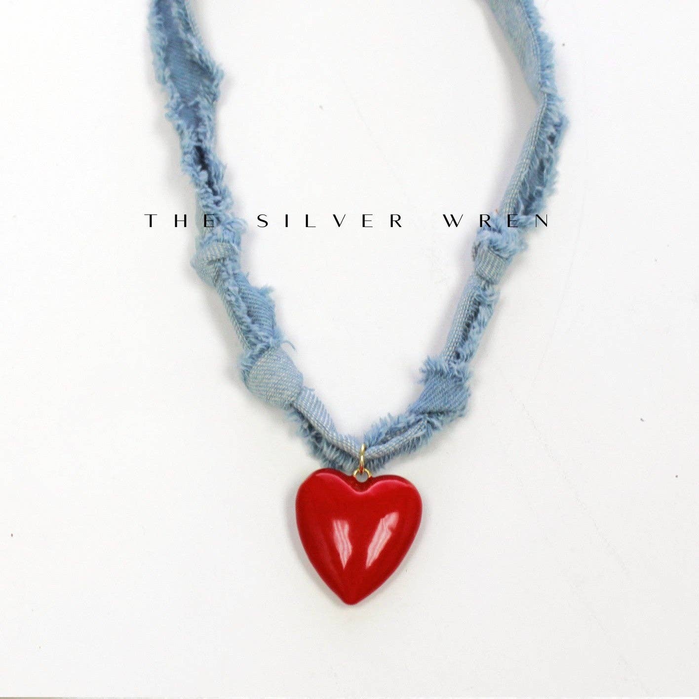 Denim & Red Heart Necklace, Boho Western Necklace