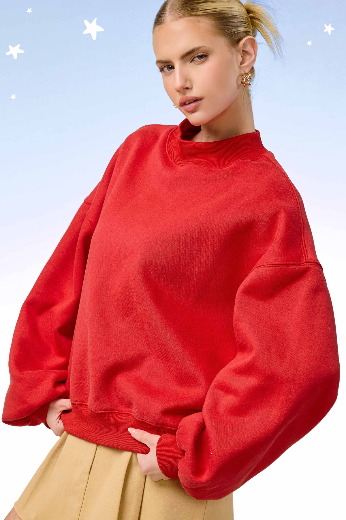 Crew Mock Neck Sweatshirt Pullover- Red