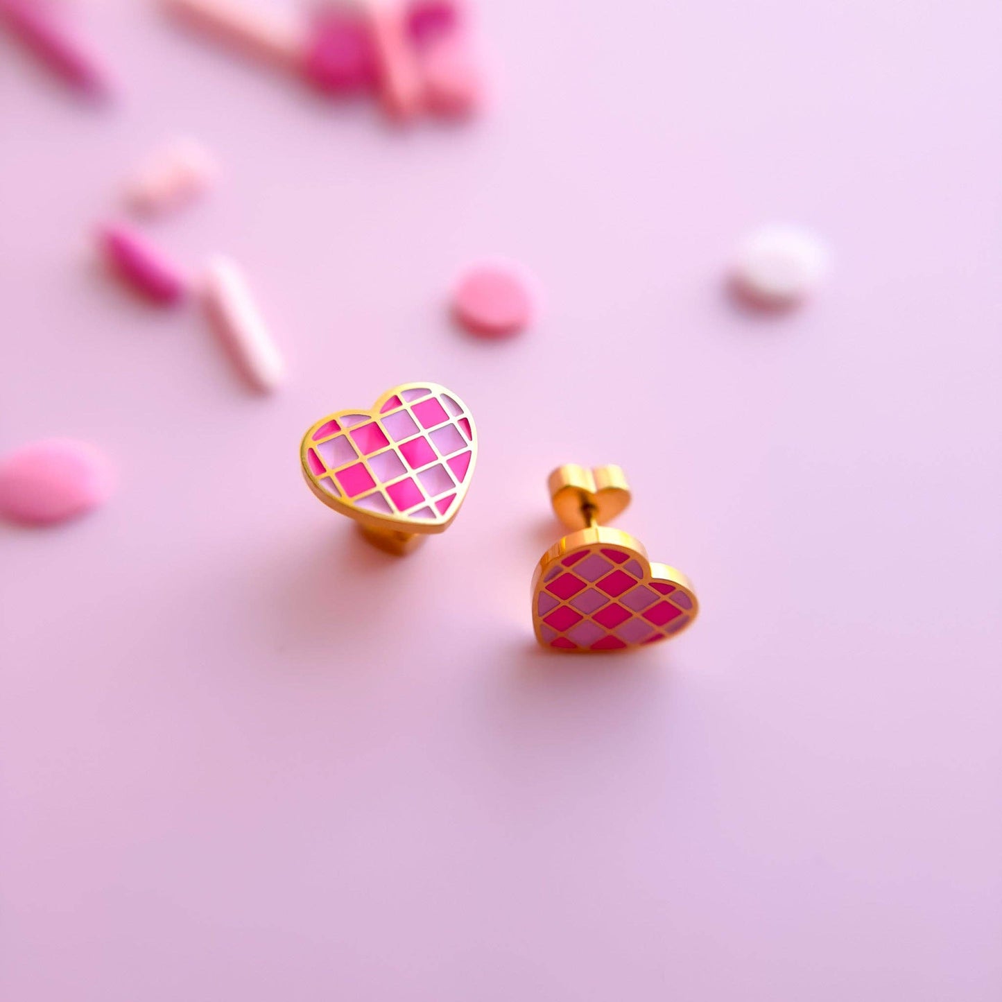 Pink Checkered Hearts Stud Earrings