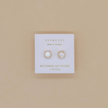Round - Mother of Pearl Gemstone - Gold Earrings