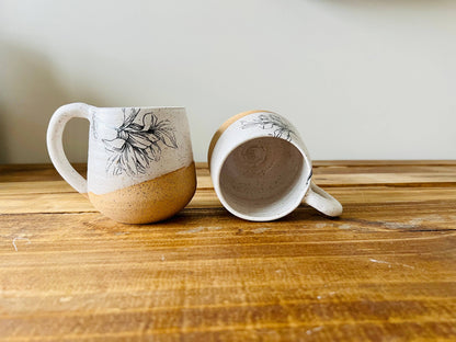 Handmade Ceramic Flower Mug - White and Beige Coffee Mug