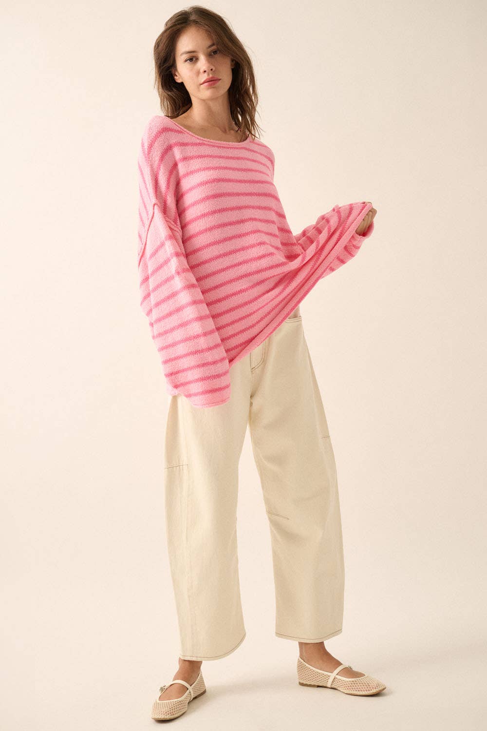Striped Textured Knit Oversized Sweater