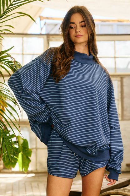 Stripe Print Mock Neck Oversized Sweatshirt