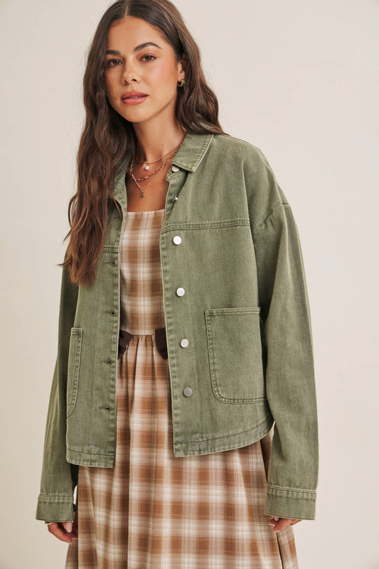 WASHED COTTON TWILL UTILITY OVERSIZED JACKET