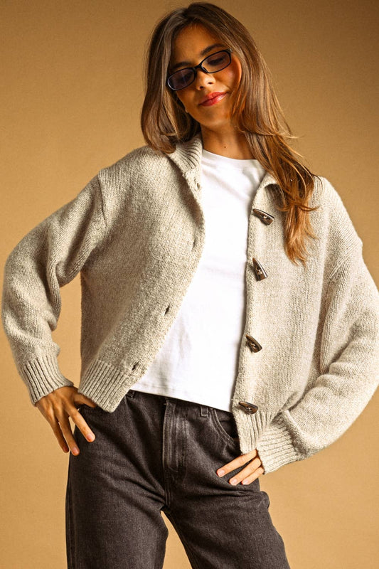 TWO TONE SWEATER CARDIGAN WITH TOGGLE BUTTON