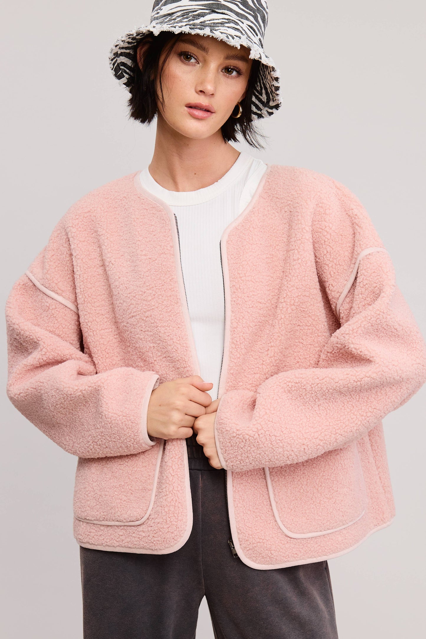 Front Zip-Up Closure Shaggy Sherpa Knit Jacket