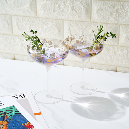 Khen Vintage Gold Floral Decal Champagne Coupe Set of 2 13oz
