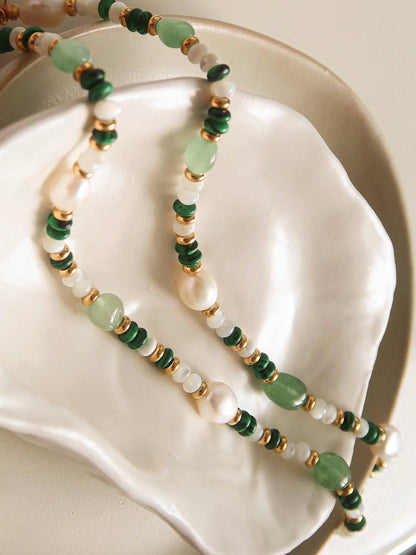 18K Non Tarnish Bohemian Rose Pearl and Bead Necklace