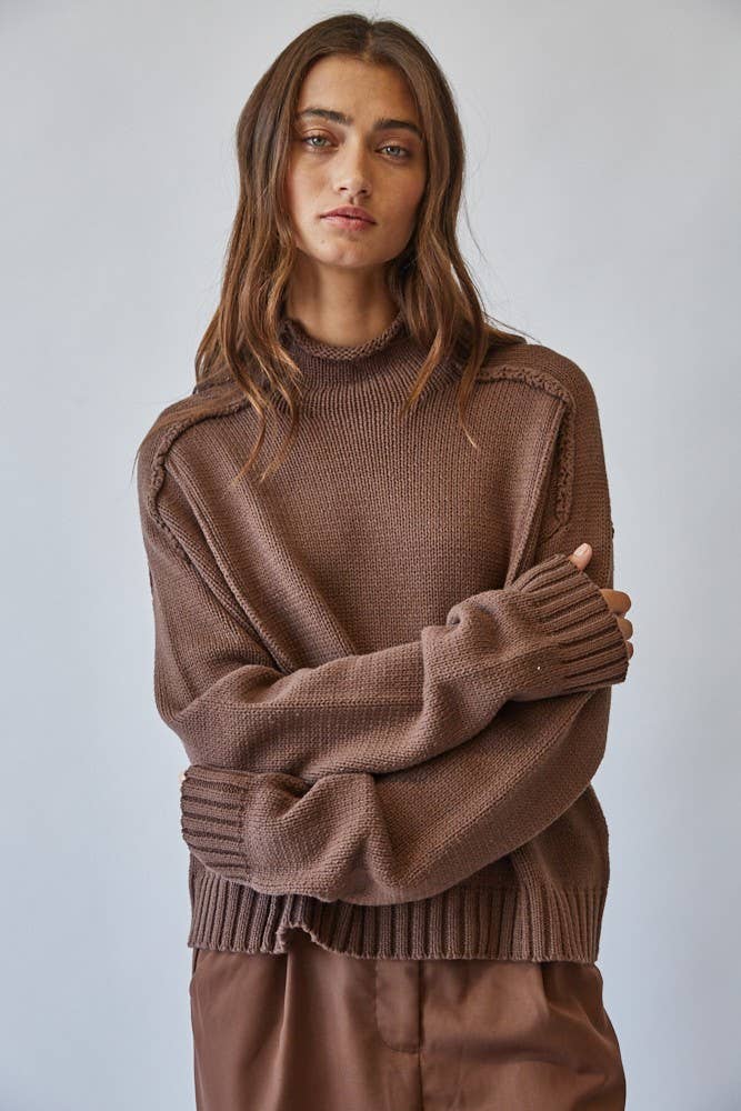Mock Neck Cotton Blend Seam Sweater in CHOCO