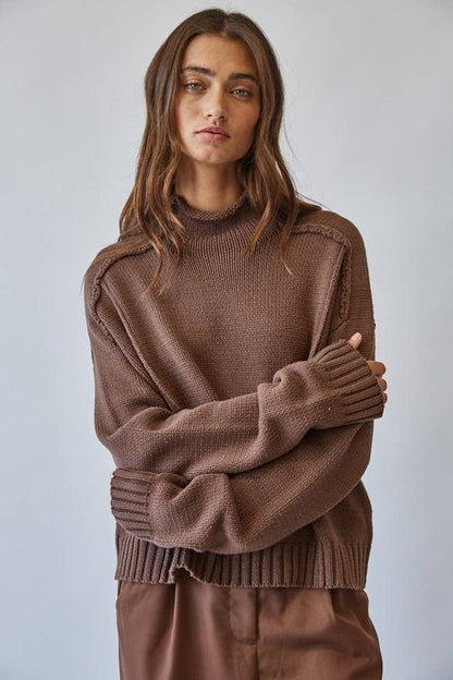 Mock Neck Cotton Blend Seam Sweater in CHOCO