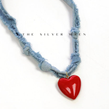 Denim & Red Heart Necklace, Boho Western Necklace