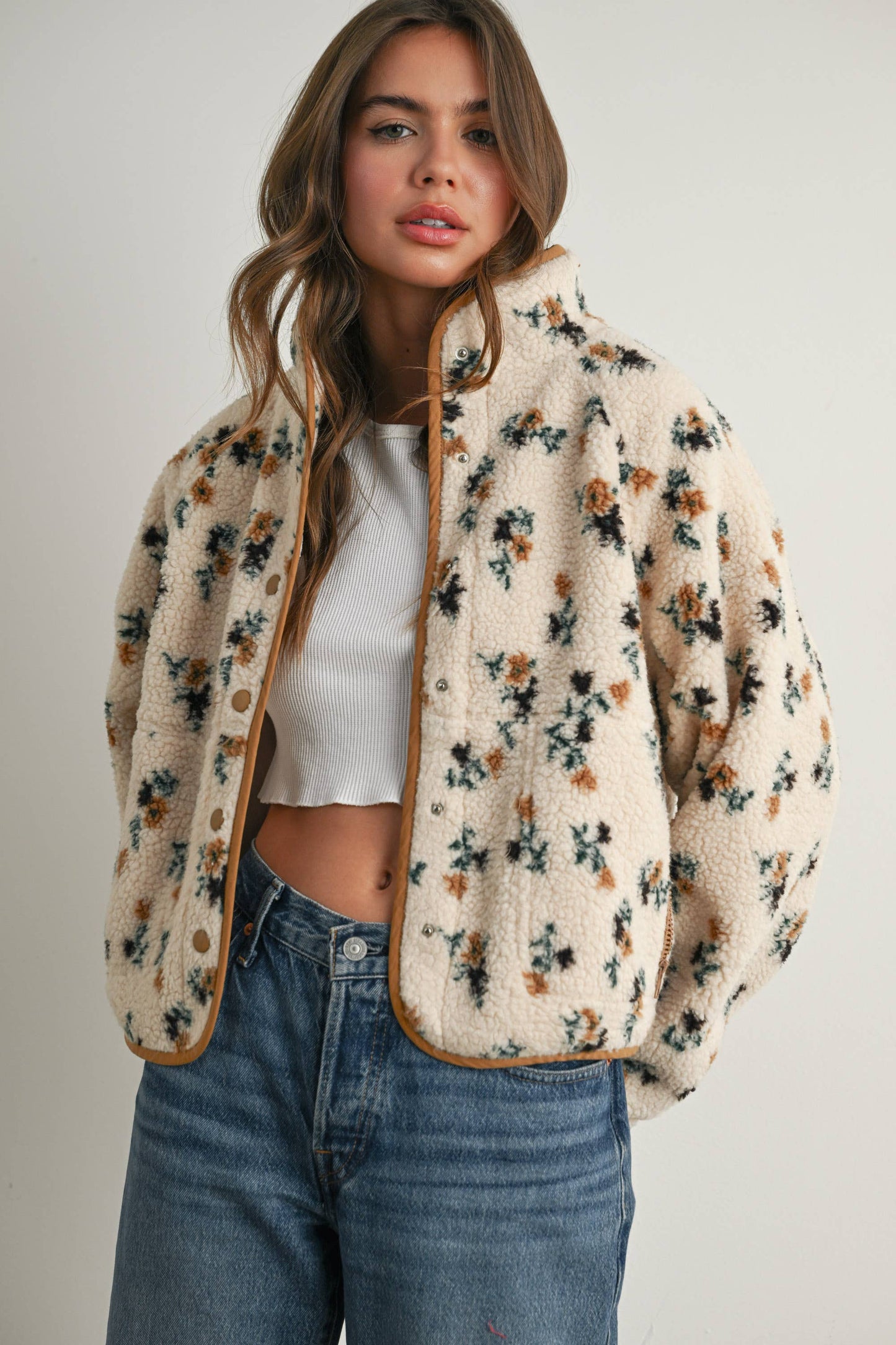 Floral Print Fluffy Fleece Jacket\
