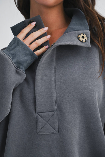 Oversized Snap Neck Pullover Sweatshirt