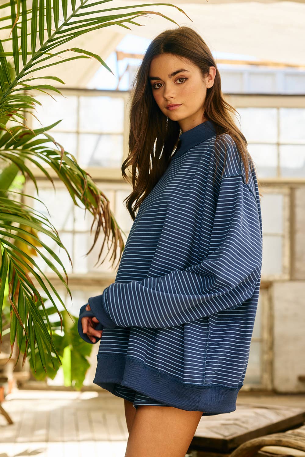 Stripe Print Mock Neck Oversized Sweatshirt