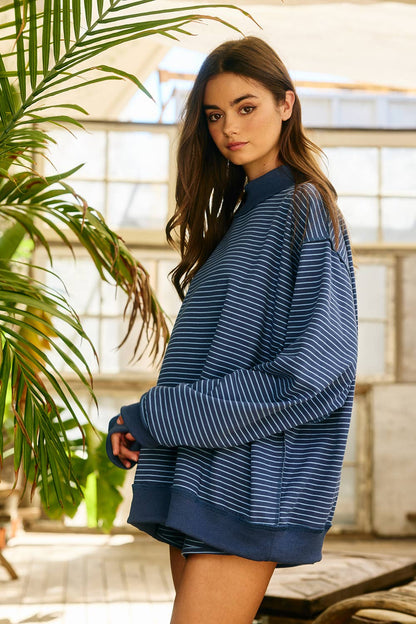 Stripe Print Mock Neck Oversized Sweatshirt