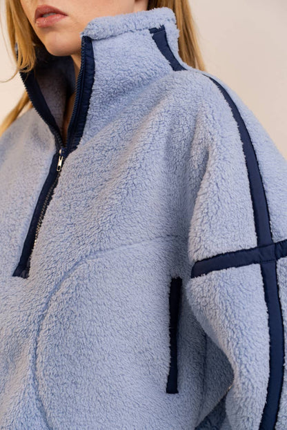 Half Zip High Neck Contrast Seam Fleece Pullover