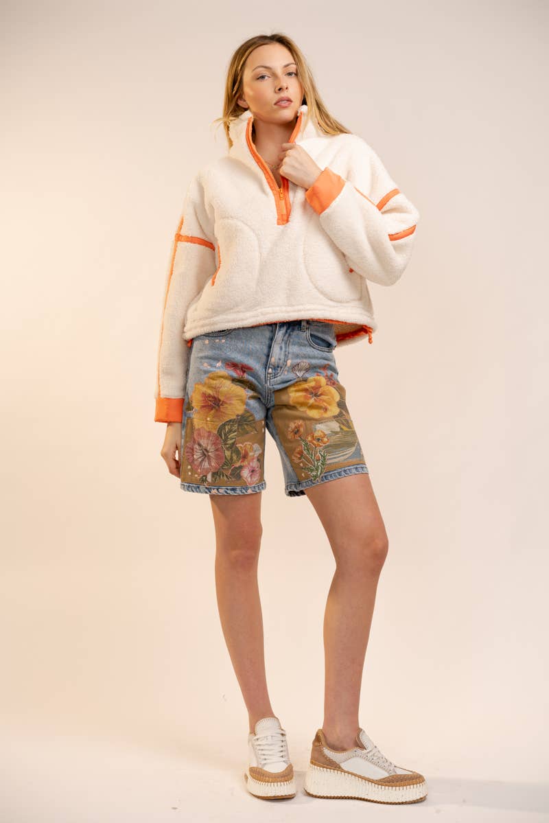 Half Zip High Neck Contrast Seam Fleece Pullover