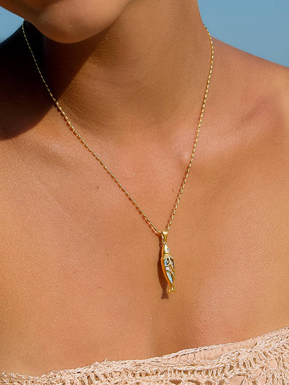 Dolphina 18K Gold Non-Tarnish Vintage Abalone Fish Necklace