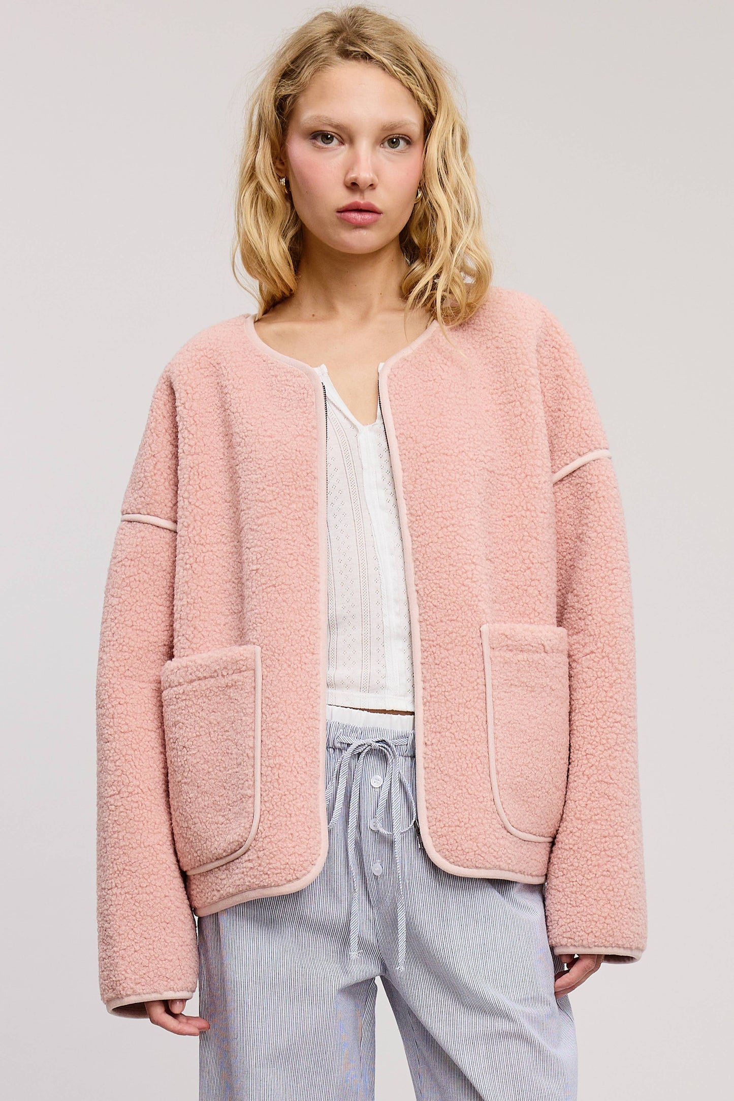 Front Zip-Up Closure Shaggy Sherpa Knit Jacket
