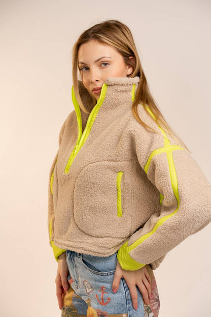 Half Zip High Neck Contrast Seam Fleece Pullover
