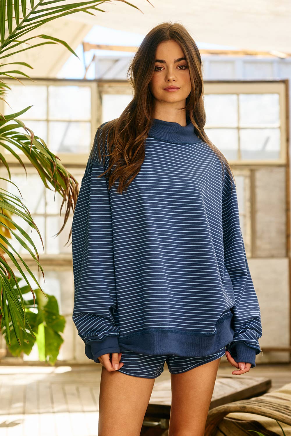 Stripe Print Mock Neck Oversized Sweatshirt