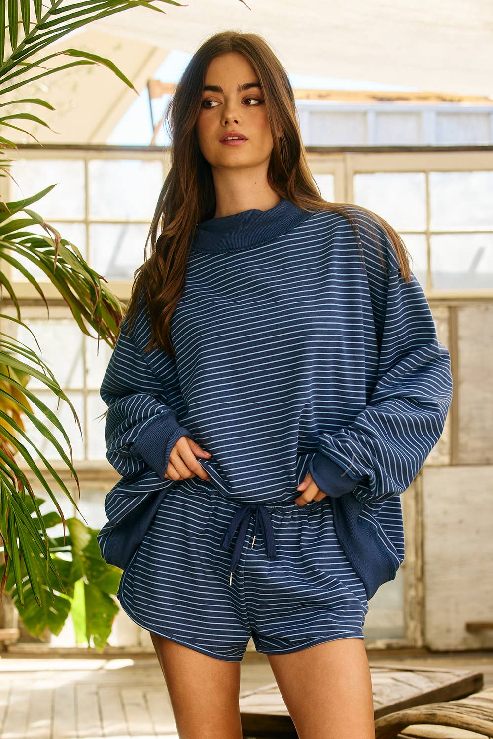 Stripe Print Mock Neck Oversized Sweatshirt
