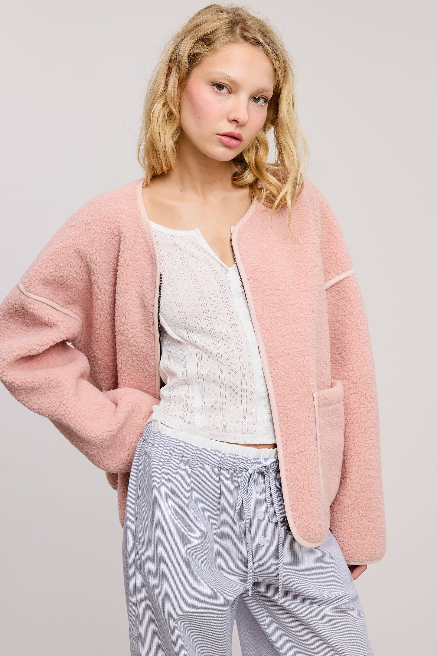 Front Zip-Up Closure Shaggy Sherpa Knit Jacket