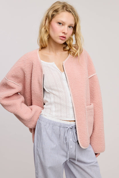 Front Zip-Up Closure Shaggy Sherpa Knit Jacket