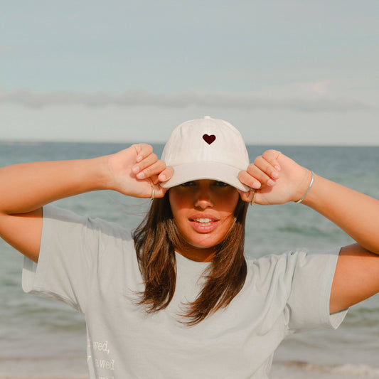 White Cotton Dad Hat - Embroidered Heart Cap