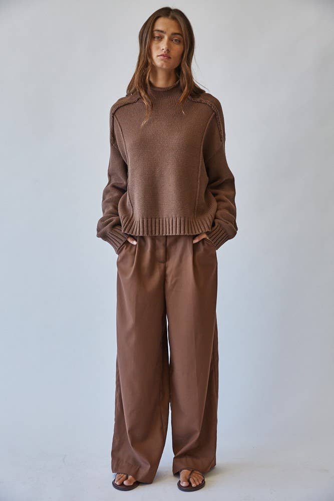 Mock Neck Cotton Blend Seam Sweater in CHOCO