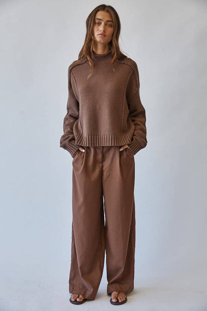 Mock Neck Cotton Blend Seam Sweater in CHOCO