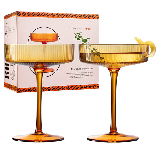Ribbed Amber Vintage Art Deco Coupe Glasses | 7OZ Set of 2