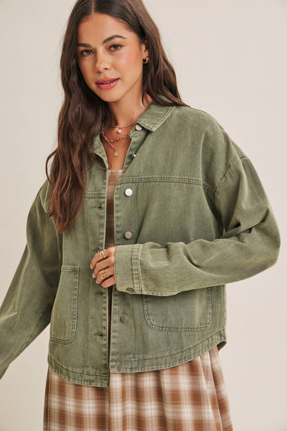 WASHED COTTON TWILL UTILITY OVERSIZED JACKET