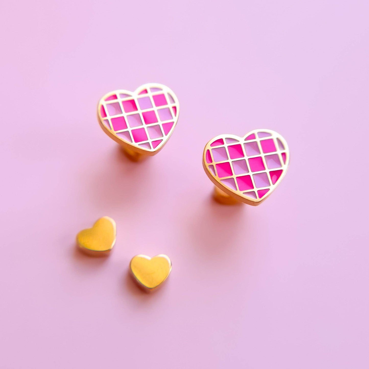 Pink Checkered Hearts Stud Earrings