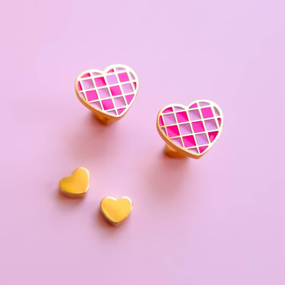 Pink Checkered Hearts Stud Earrings