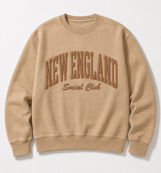 Pigment Burro "New England Social Club" Sweatshirt with Brown Puff