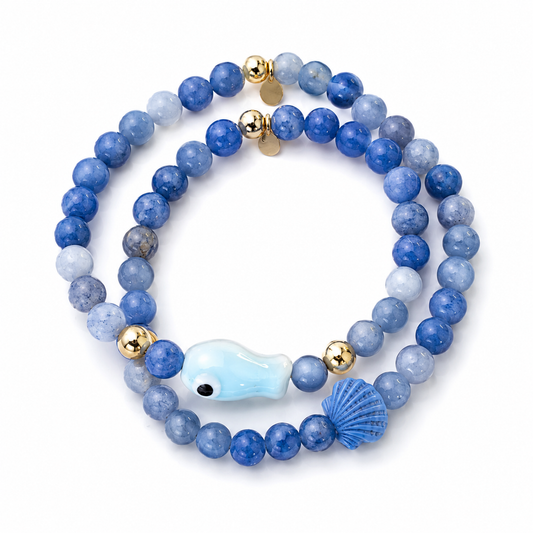 Blue Fish and Shell Stone Bracelet Set