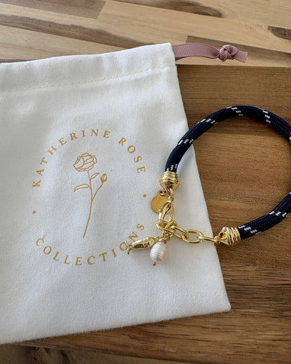 Navy Mini Pearl Charm Cord Bracelet