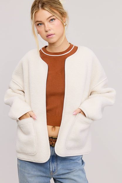 Front Zip-Up Closure Shaggy Sherpa Knit Jacket