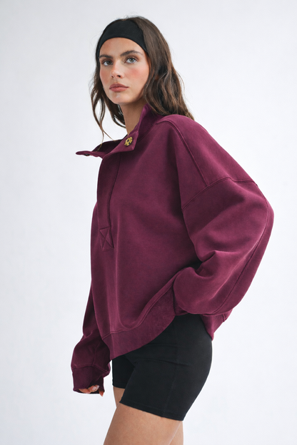 Oversized Snap Neck Pullover Sweatshirt