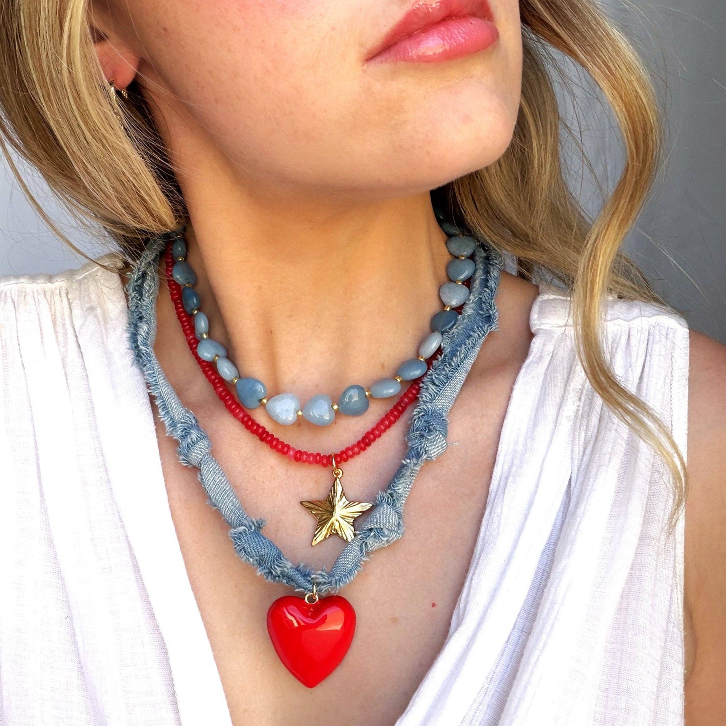 Denim & Red Heart Necklace, Boho Western Necklace