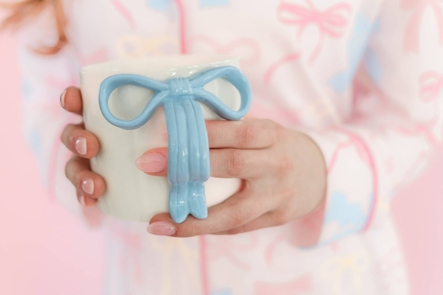 Powder Blue Bow Ceramic Coffee Tea Mug with Ribbon Handle