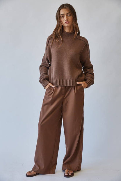 Mock Neck Cotton Blend Seam Sweater in CHOCO