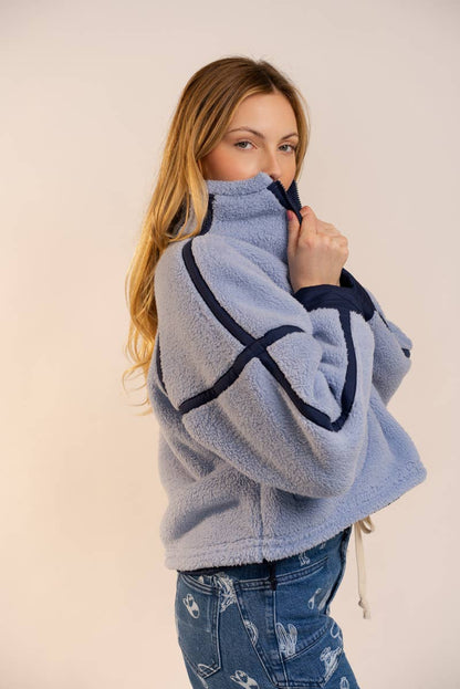 Half Zip High Neck Contrast Seam Fleece Pullover