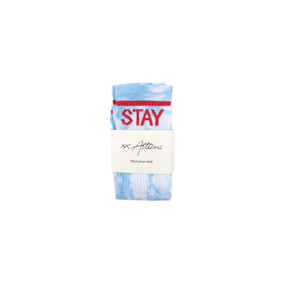 “Stay Wild” Crew Socks – Blue Tie Dye by Atticus Poetry