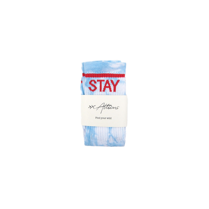 “Stay Wild” Crew Socks – Blue Tie Dye by Atticus Poetry