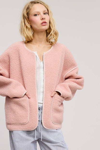 Front Zip-Up Closure Shaggy Sherpa Knit Jacket