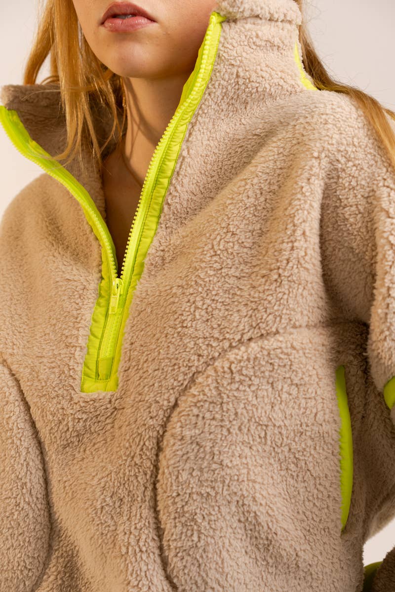Half Zip High Neck Contrast Seam Fleece Pullover